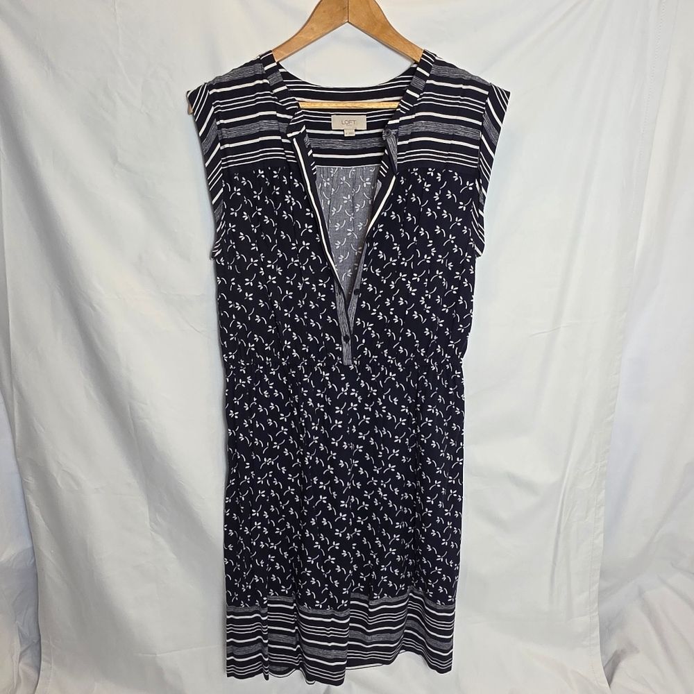 LOFT Outlet M Sleeveless Midi Dress Navy Sheath with Elastic Waist Preppy